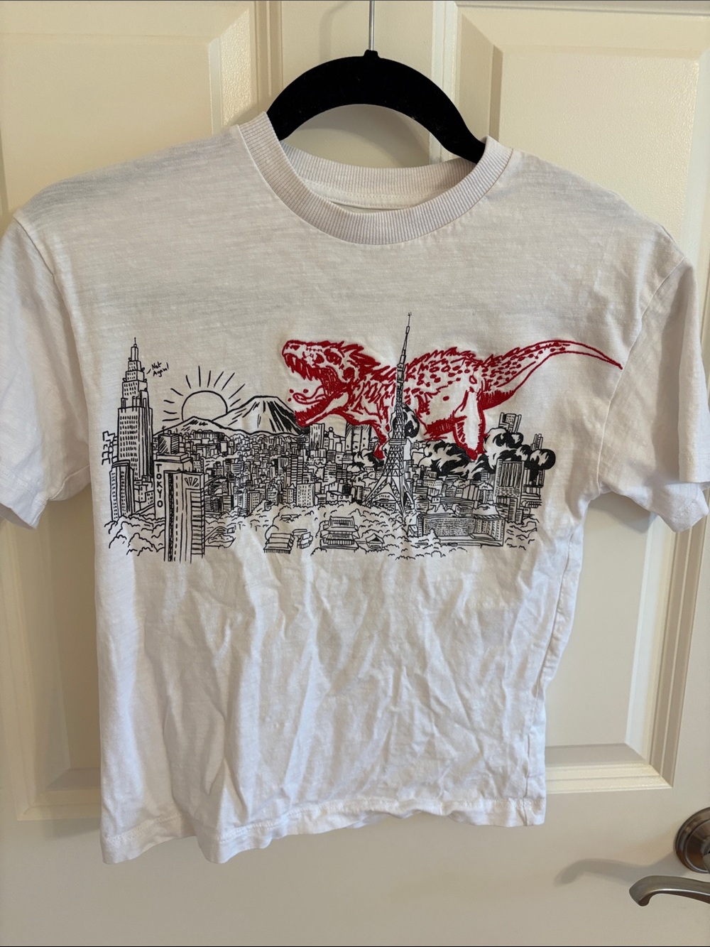 White Graphic Tee with Red Dinosaur City Print